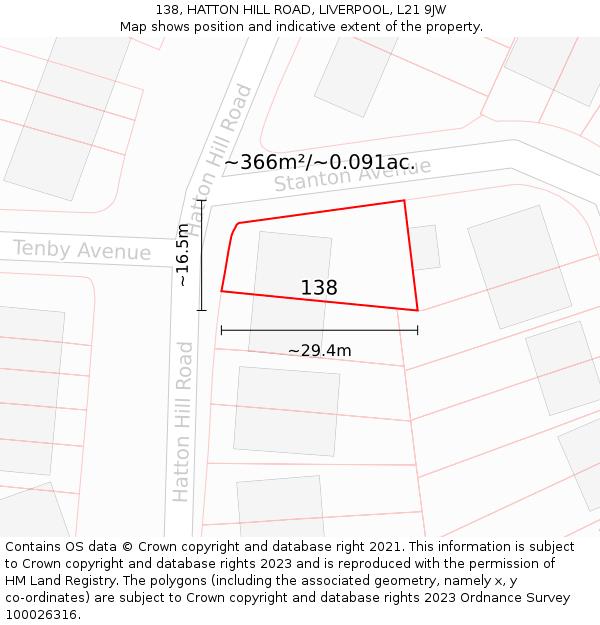 138, HATTON HILL ROAD, LIVERPOOL, L21 9JW: Plot and title map