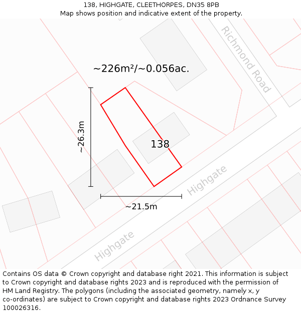 138, HIGHGATE, CLEETHORPES, DN35 8PB: Plot and title map