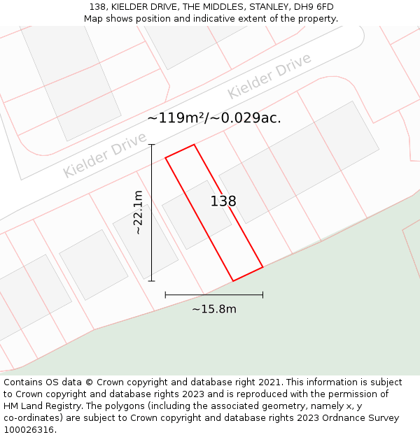 138, KIELDER DRIVE, THE MIDDLES, STANLEY, DH9 6FD: Plot and title map