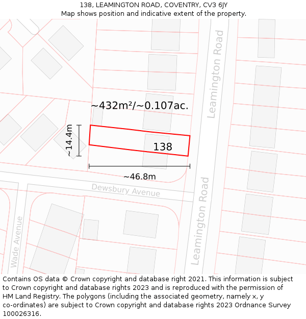 138, LEAMINGTON ROAD, COVENTRY, CV3 6JY: Plot and title map