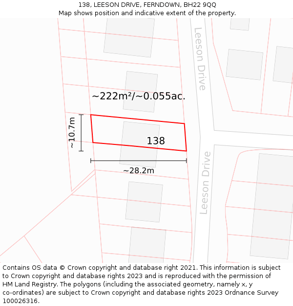 138, LEESON DRIVE, FERNDOWN, BH22 9QQ: Plot and title map