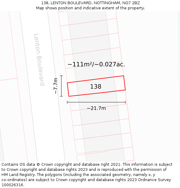 138, LENTON BOULEVARD, NOTTINGHAM, NG7 2BZ: Plot and title map