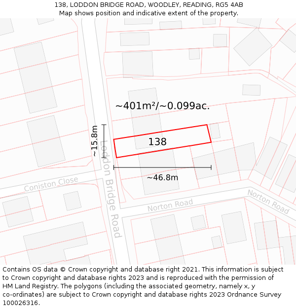 138, LODDON BRIDGE ROAD, WOODLEY, READING, RG5 4AB: Plot and title map