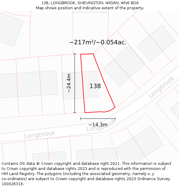 138, LONGBROOK, SHEVINGTON, WIGAN, WN6 8DA: Plot and title map