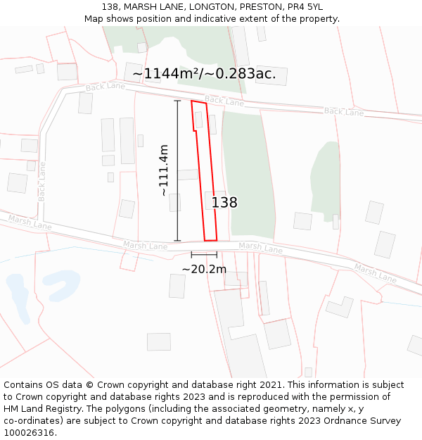 138, MARSH LANE, LONGTON, PRESTON, PR4 5YL: Plot and title map