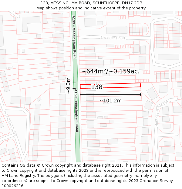 138, MESSINGHAM ROAD, SCUNTHORPE, DN17 2DB: Plot and title map