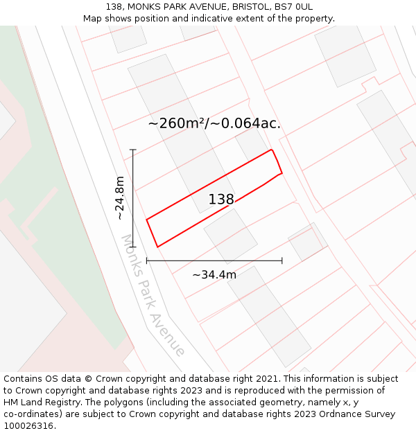 138, MONKS PARK AVENUE, BRISTOL, BS7 0UL: Plot and title map