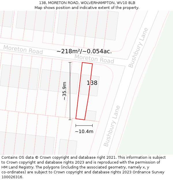 138, MORETON ROAD, WOLVERHAMPTON, WV10 8LB: Plot and title map