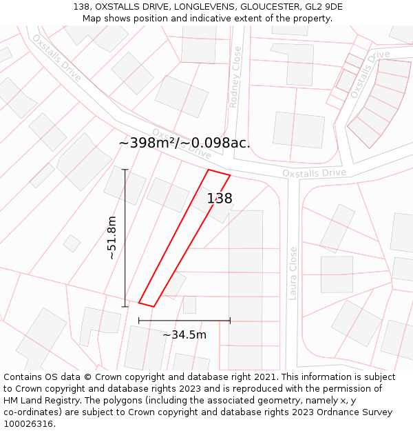 138, OXSTALLS DRIVE, LONGLEVENS, GLOUCESTER, GL2 9DE: Plot and title map