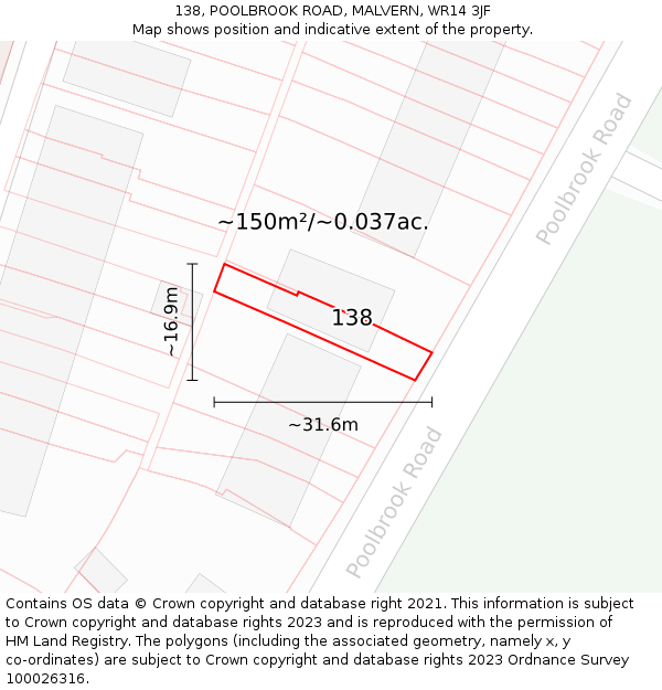 138, POOLBROOK ROAD, MALVERN, WR14 3JF: Plot and title map