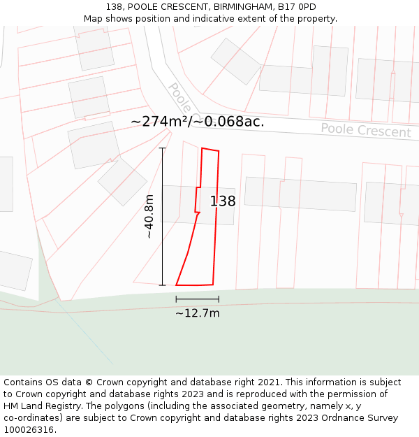 138, POOLE CRESCENT, BIRMINGHAM, B17 0PD: Plot and title map