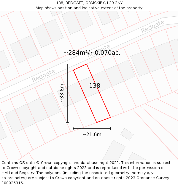 138, REDGATE, ORMSKIRK, L39 3NY: Plot and title map