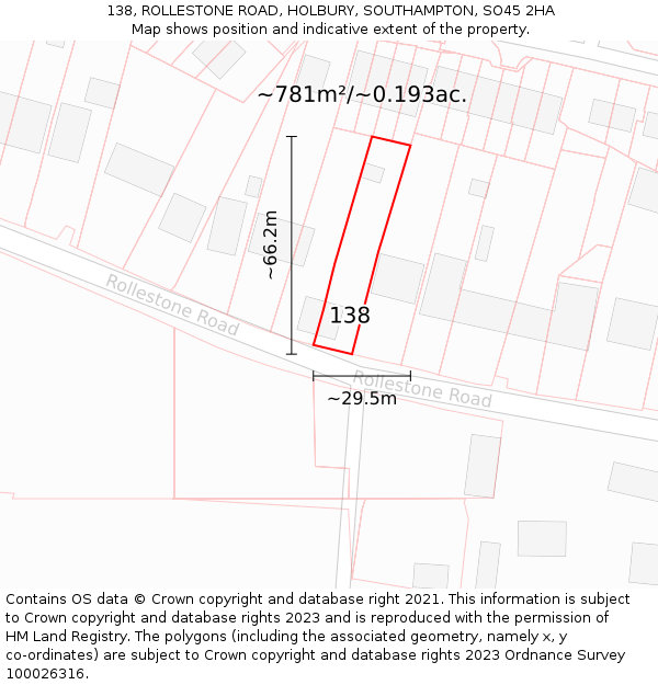138, ROLLESTONE ROAD, HOLBURY, SOUTHAMPTON, SO45 2HA: Plot and title map