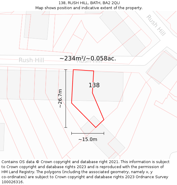 138, RUSH HILL, BATH, BA2 2QU: Plot and title map