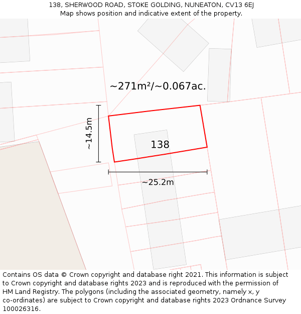 138, SHERWOOD ROAD, STOKE GOLDING, NUNEATON, CV13 6EJ: Plot and title map