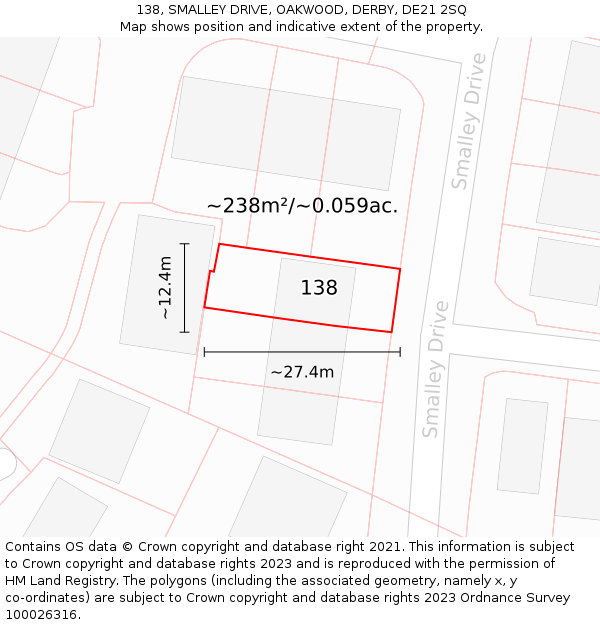 138, SMALLEY DRIVE, OAKWOOD, DERBY, DE21 2SQ: Plot and title map