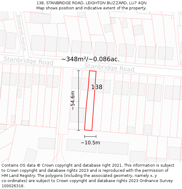 138, STANBRIDGE ROAD, LEIGHTON BUZZARD, LU7 4QN: Plot and title map