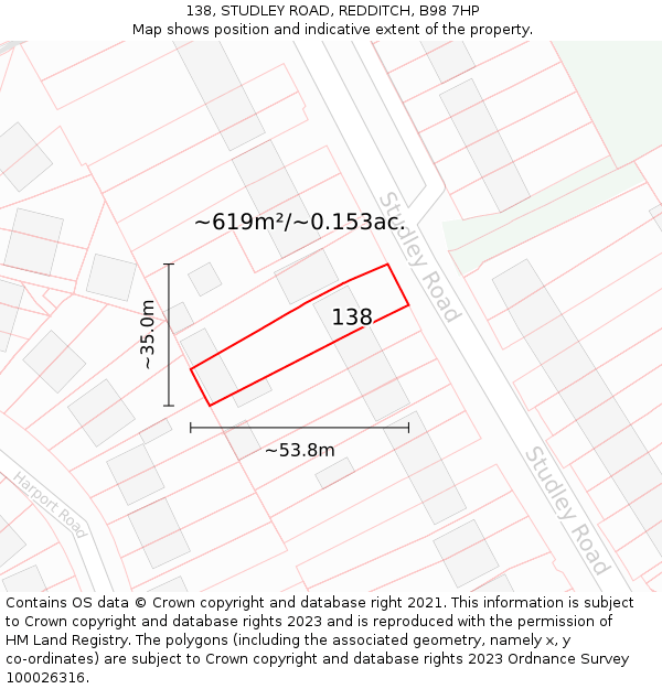 138, STUDLEY ROAD, REDDITCH, B98 7HP: Plot and title map