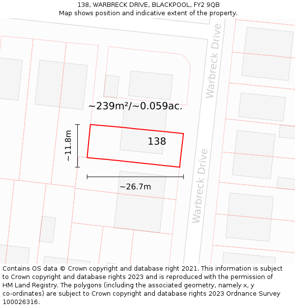 138, WARBRECK DRIVE, BLACKPOOL, FY2 9QB: Plot and title map