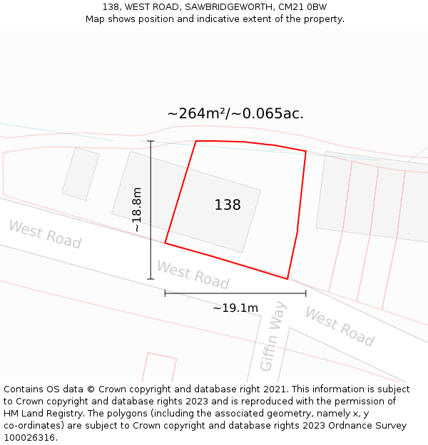 138, WEST ROAD, SAWBRIDGEWORTH, CM21 0BW: Plot and title map
