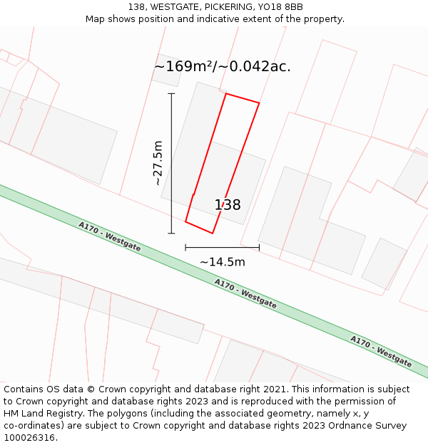 138, WESTGATE, PICKERING, YO18 8BB: Plot and title map
