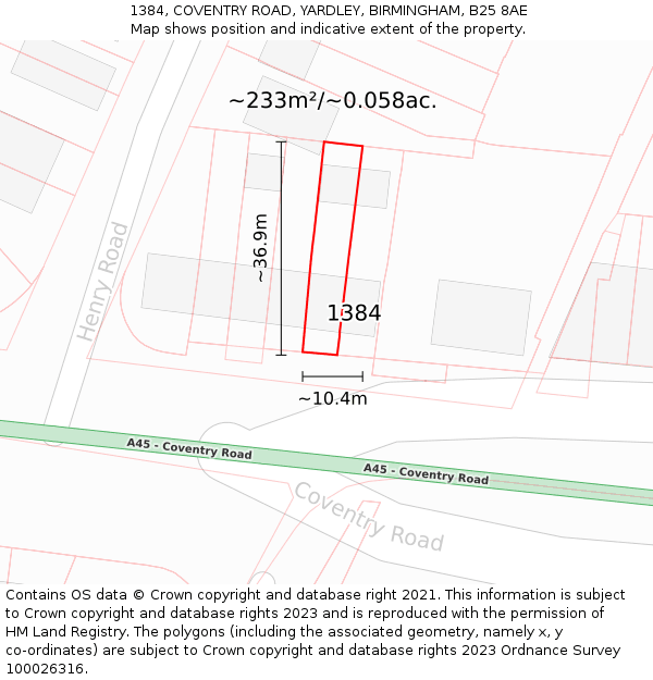 1384, COVENTRY ROAD, YARDLEY, BIRMINGHAM, B25 8AE: Plot and title map