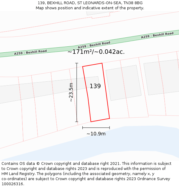 139, BEXHILL ROAD, ST LEONARDS-ON-SEA, TN38 8BG: Plot and title map