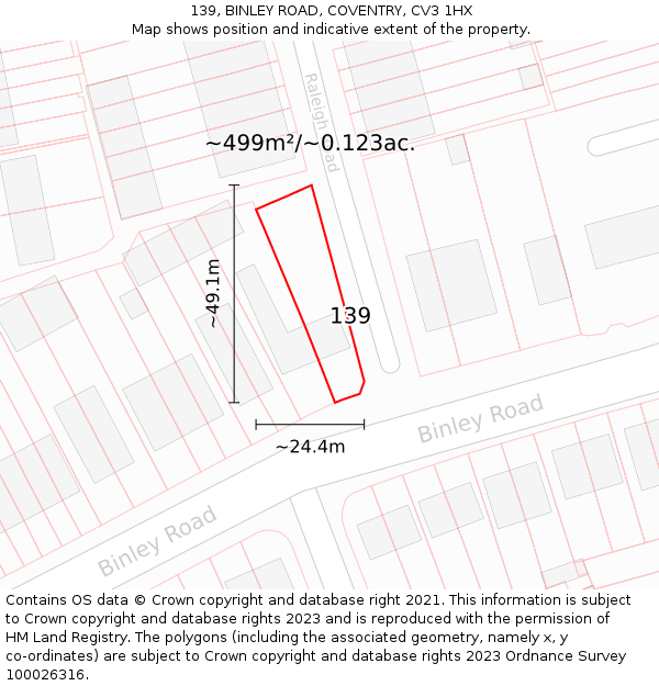 139, BINLEY ROAD, COVENTRY, CV3 1HX: Plot and title map