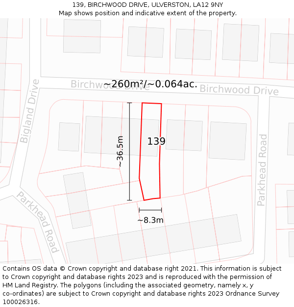 139, BIRCHWOOD DRIVE, ULVERSTON, LA12 9NY: Plot and title map