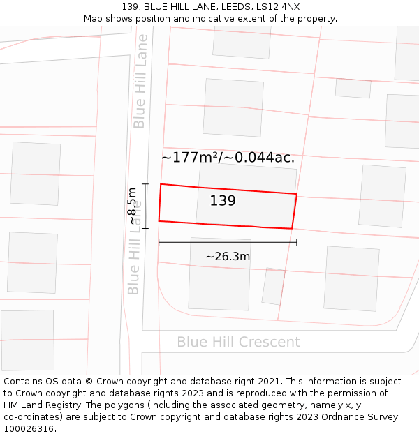 139, BLUE HILL LANE, LEEDS, LS12 4NX: Plot and title map