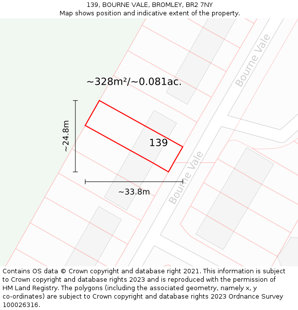139, BOURNE VALE, BROMLEY, BR2 7NY: Plot and title map