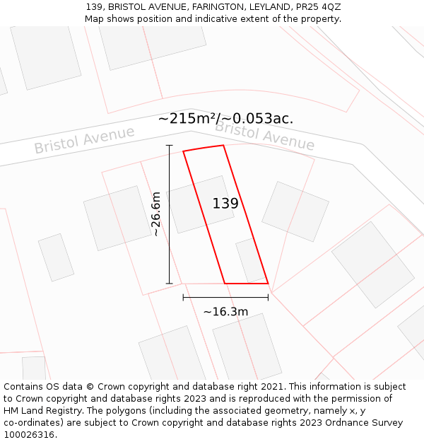 139, BRISTOL AVENUE, FARINGTON, LEYLAND, PR25 4QZ: Plot and title map
