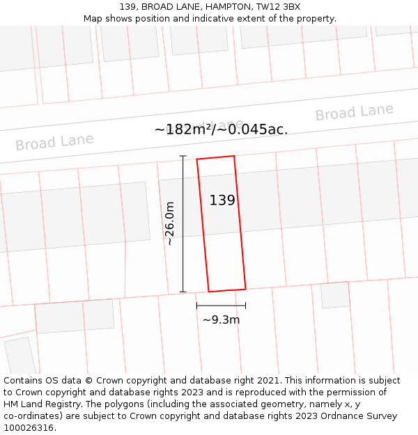139, BROAD LANE, HAMPTON, TW12 3BX: Plot and title map