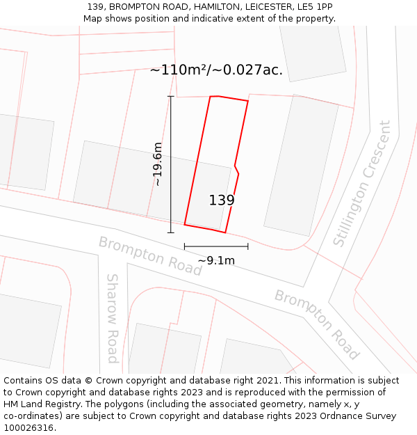 139, BROMPTON ROAD, HAMILTON, LEICESTER, LE5 1PP: Plot and title map