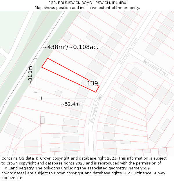 139, BRUNSWICK ROAD, IPSWICH, IP4 4BX: Plot and title map