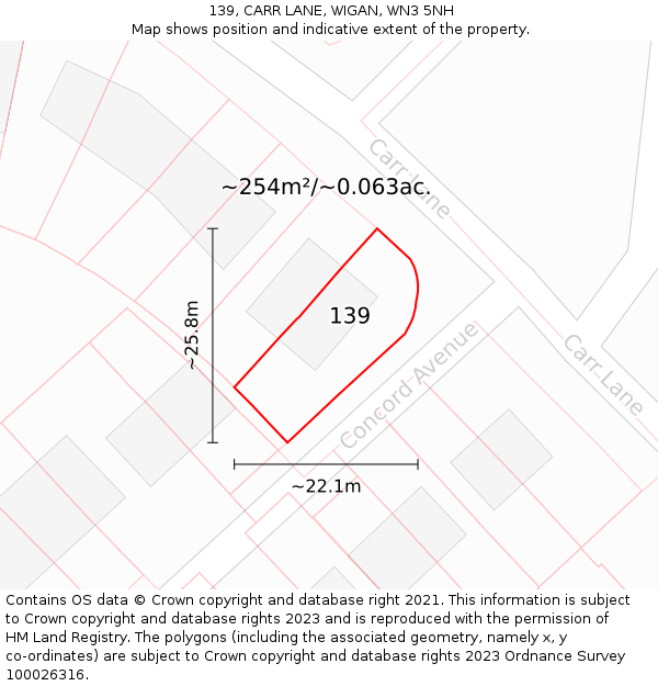 139, CARR LANE, WIGAN, WN3 5NH: Plot and title map