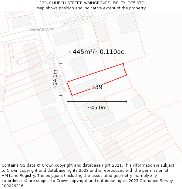 139, CHURCH STREET, WAINGROVES, RIPLEY, DE5 9TE: Plot and title map