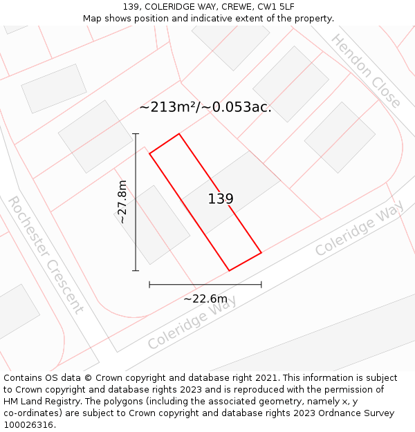 139, COLERIDGE WAY, CREWE, CW1 5LF: Plot and title map