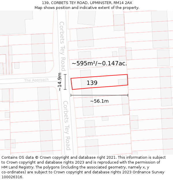 139, CORBETS TEY ROAD, UPMINSTER, RM14 2AX: Plot and title map