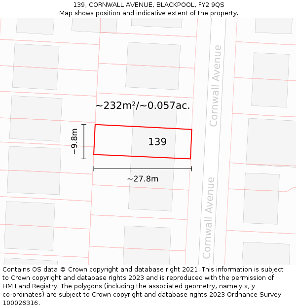 139, CORNWALL AVENUE, BLACKPOOL, FY2 9QS: Plot and title map