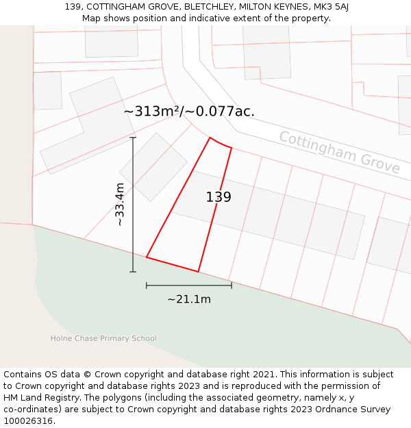 139, COTTINGHAM GROVE, BLETCHLEY, MILTON KEYNES, MK3 5AJ: Plot and title map