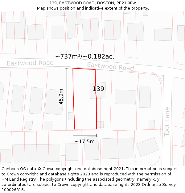 139, EASTWOOD ROAD, BOSTON, PE21 0PW: Plot and title map