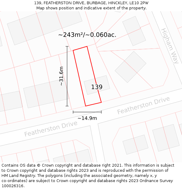 139, FEATHERSTON DRIVE, BURBAGE, HINCKLEY, LE10 2PW: Plot and title map