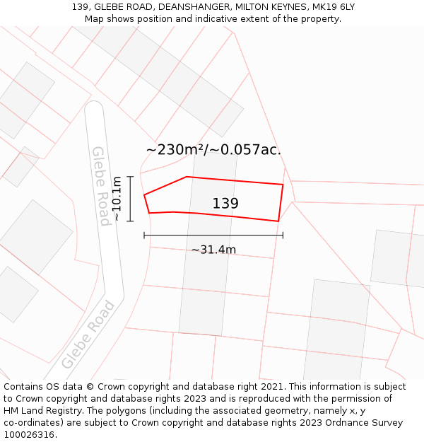 139, GLEBE ROAD, DEANSHANGER, MILTON KEYNES, MK19 6LY: Plot and title map