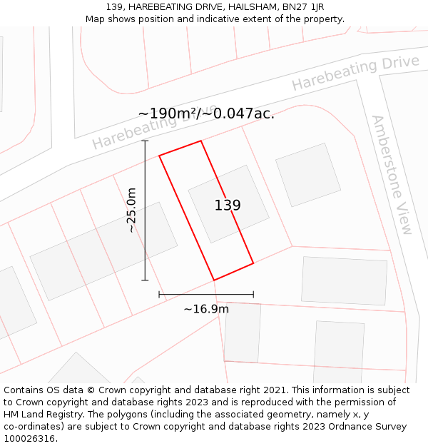 139, HAREBEATING DRIVE, HAILSHAM, BN27 1JR: Plot and title map