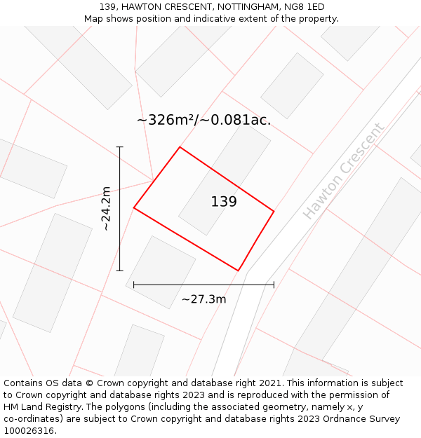 139, HAWTON CRESCENT, NOTTINGHAM, NG8 1ED: Plot and title map