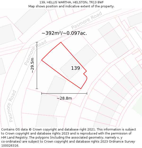 139, HELLIS WARTHA, HELSTON, TR13 8WF: Plot and title map