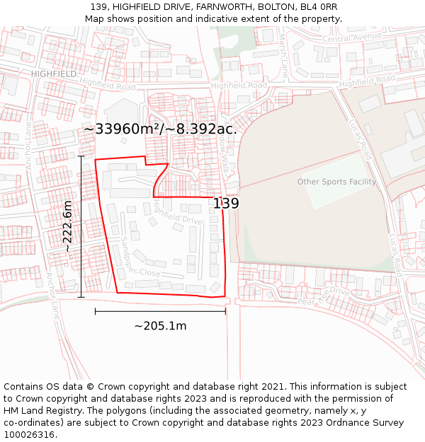 139, HIGHFIELD DRIVE, FARNWORTH, BOLTON, BL4 0RR: Plot and title map