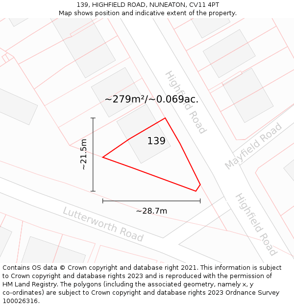 139, HIGHFIELD ROAD, NUNEATON, CV11 4PT: Plot and title map
