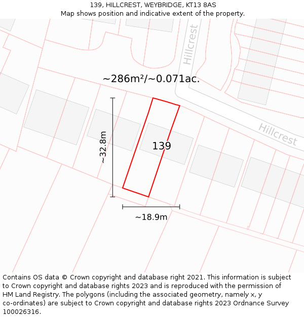 139, HILLCREST, WEYBRIDGE, KT13 8AS: Plot and title map